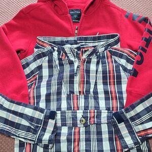 Nautica Red Hoodie and OshKosh Navy Plaid Pullover Jacket for Boys (Lot of 2)
